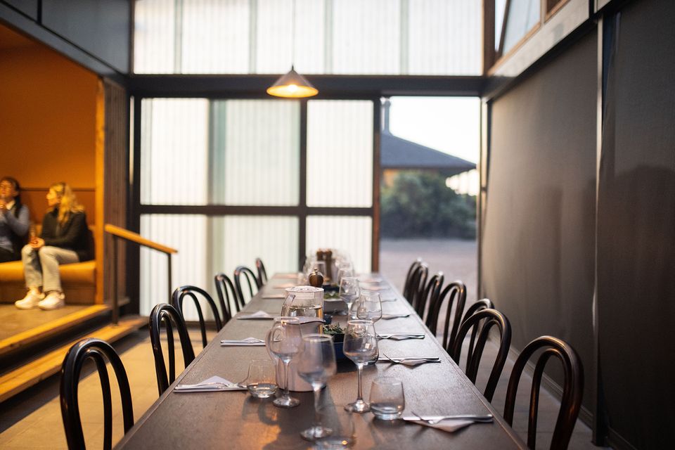 dinner table, glasses, doors,