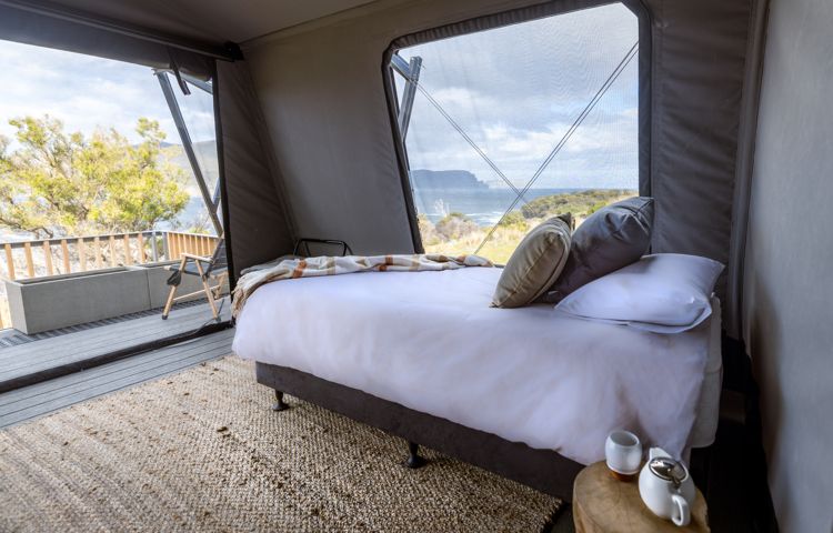 Comfortable beds with a view of Cape Pillar on the Three Capes Track