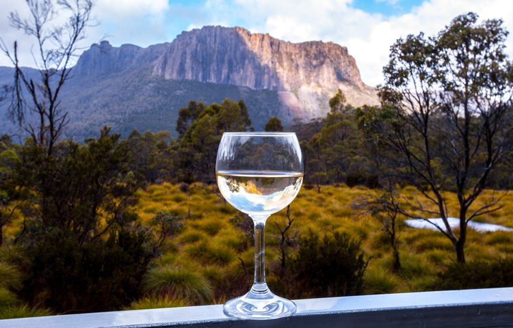 Wine and views from our private huts on the Overland Track